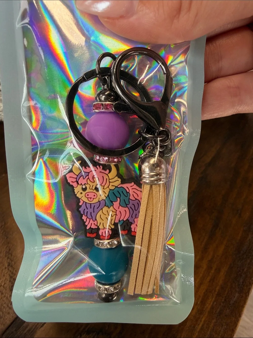 Colorful Highland Cow Keychain with Tassel - Purple & Teal